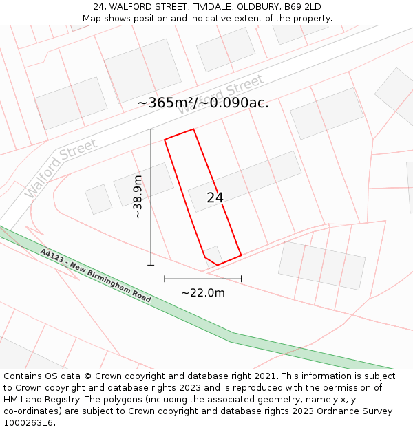 24, WALFORD STREET, TIVIDALE, OLDBURY, B69 2LD: Plot and title map