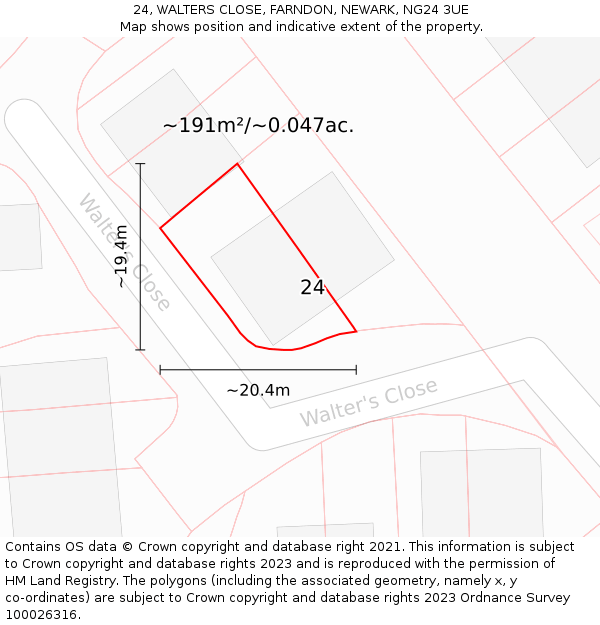 24, WALTERS CLOSE, FARNDON, NEWARK, NG24 3UE: Plot and title map