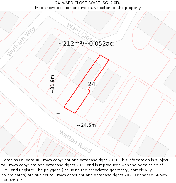 24, WARD CLOSE, WARE, SG12 0BU: Plot and title map