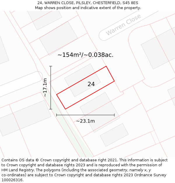 24, WARREN CLOSE, PILSLEY, CHESTERFIELD, S45 8ES: Plot and title map