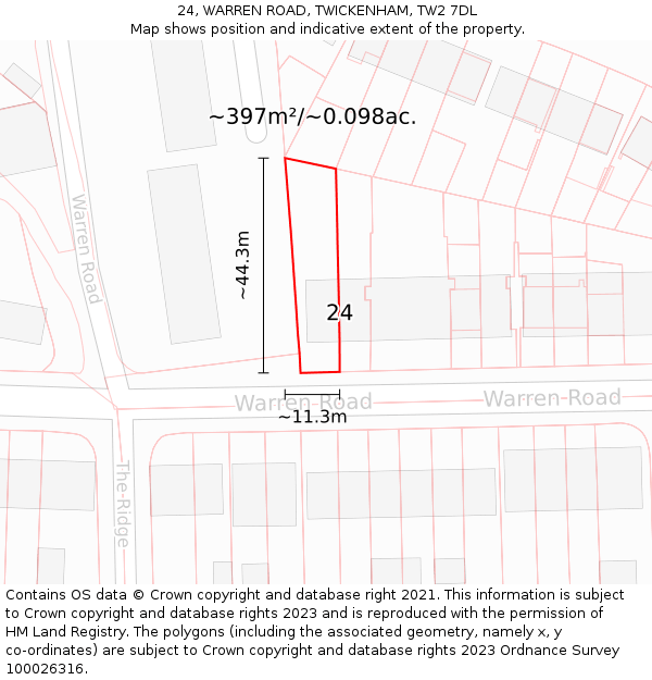 24, WARREN ROAD, TWICKENHAM, TW2 7DL: Plot and title map