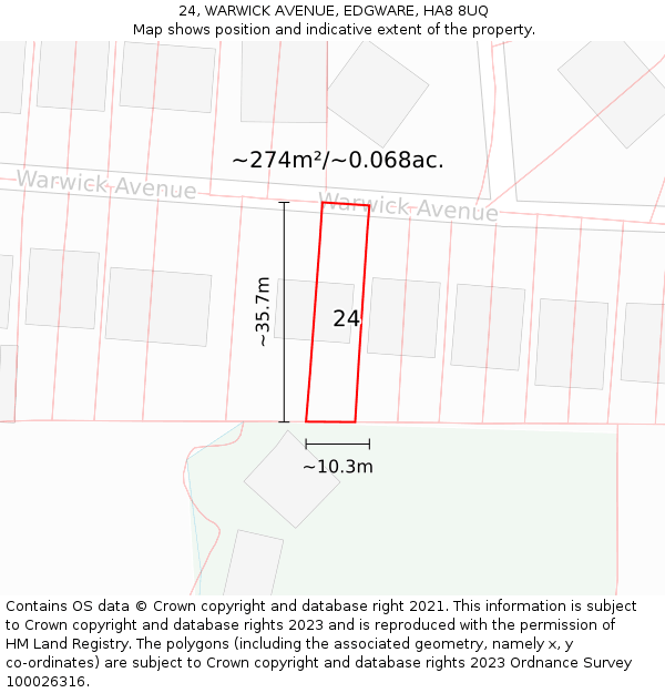 24, WARWICK AVENUE, EDGWARE, HA8 8UQ: Plot and title map