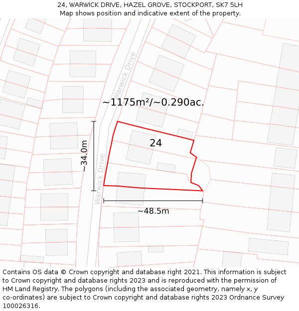 24, WARWICK DRIVE, HAZEL GROVE, STOCKPORT, SK7 5LH: Plot and title map