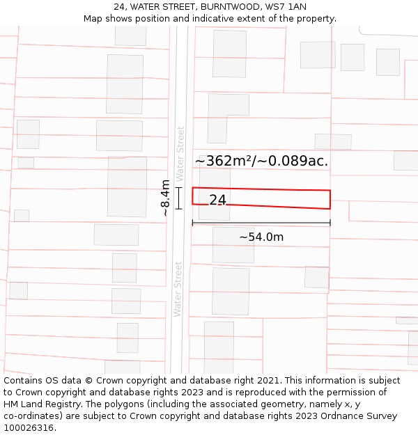 24, WATER STREET, BURNTWOOD, WS7 1AN: Plot and title map