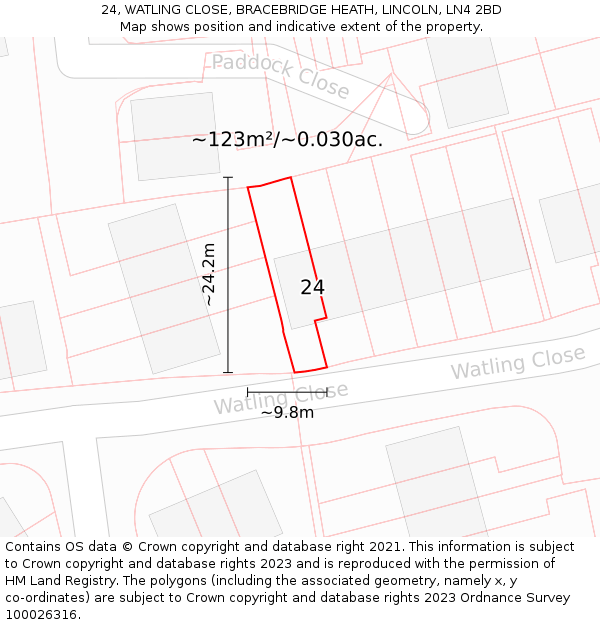 24, WATLING CLOSE, BRACEBRIDGE HEATH, LINCOLN, LN4 2BD: Plot and title map