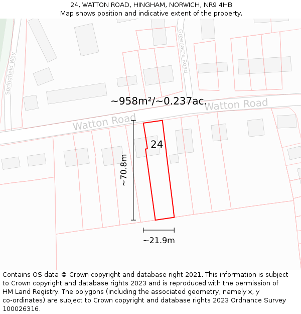 24, WATTON ROAD, HINGHAM, NORWICH, NR9 4HB: Plot and title map