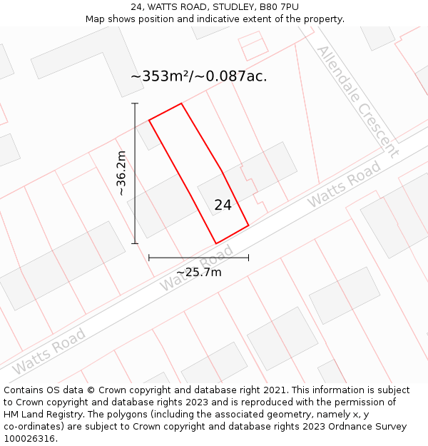 24, WATTS ROAD, STUDLEY, B80 7PU: Plot and title map