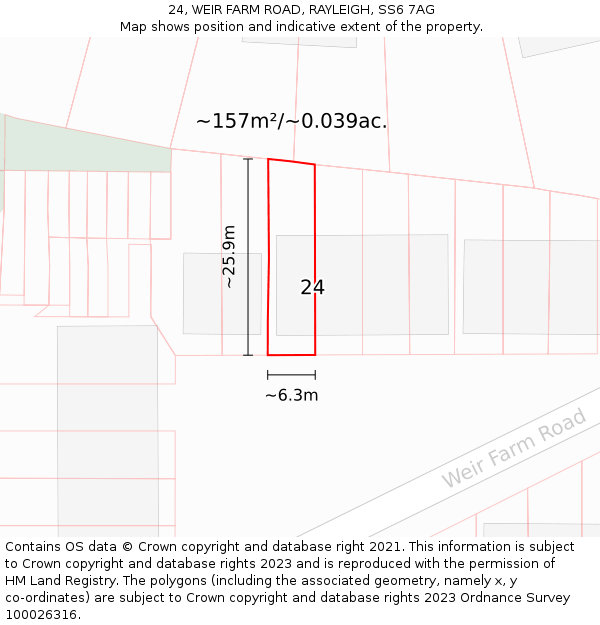 24, WEIR FARM ROAD, RAYLEIGH, SS6 7AG: Plot and title map