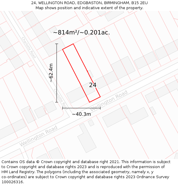 24, WELLINGTON ROAD, EDGBASTON, BIRMINGHAM, B15 2EU: Plot and title map