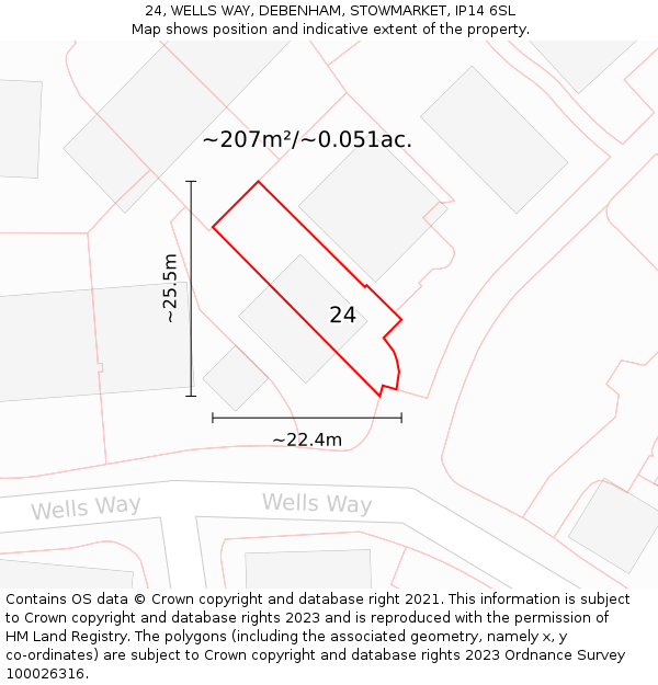 24, WELLS WAY, DEBENHAM, STOWMARKET, IP14 6SL: Plot and title map