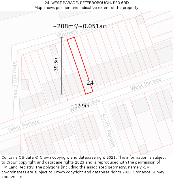 24, WEST PARADE, PETERBOROUGH, PE3 6BD: Plot and title map