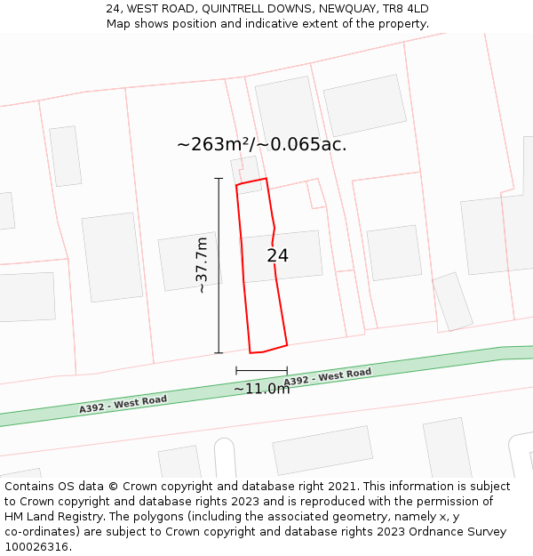 24, WEST ROAD, QUINTRELL DOWNS, NEWQUAY, TR8 4LD: Plot and title map