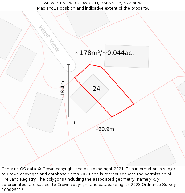 24, WEST VIEW, CUDWORTH, BARNSLEY, S72 8HW: Plot and title map