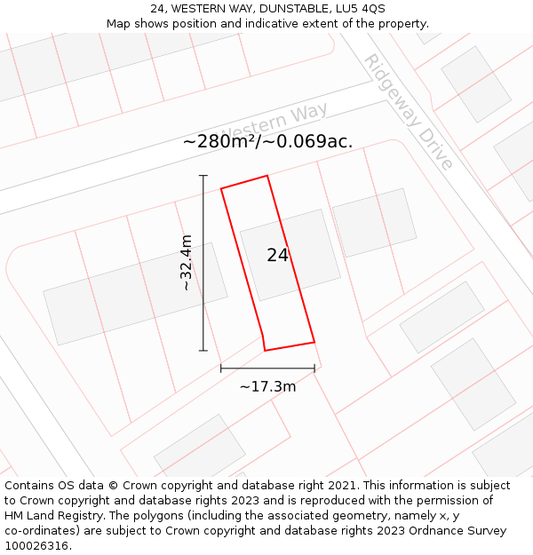 24, WESTERN WAY, DUNSTABLE, LU5 4QS: Plot and title map