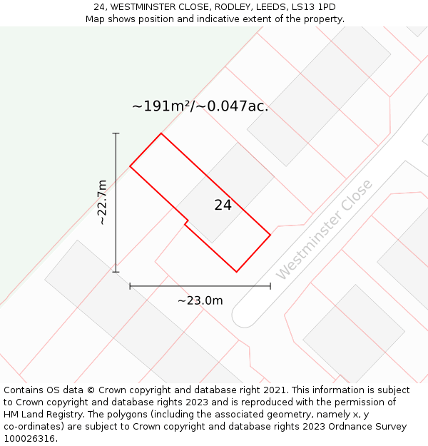 24, WESTMINSTER CLOSE, RODLEY, LEEDS, LS13 1PD: Plot and title map