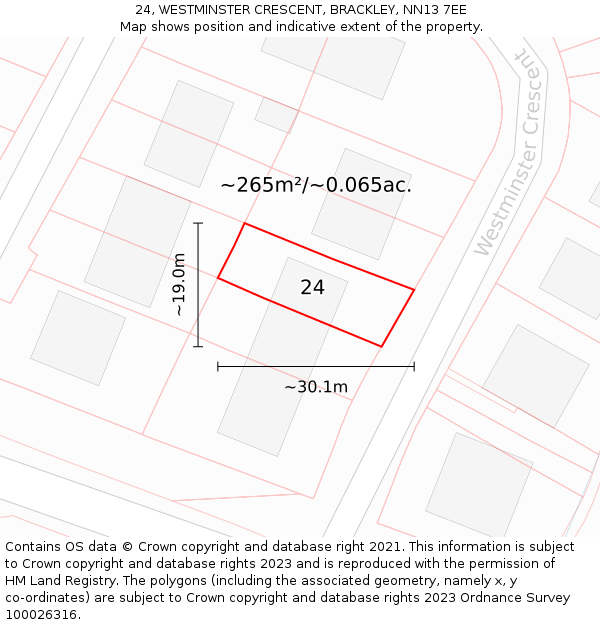 24, WESTMINSTER CRESCENT, BRACKLEY, NN13 7EE: Plot and title map