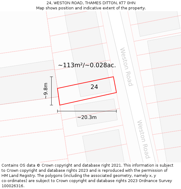24, WESTON ROAD, THAMES DITTON, KT7 0HN: Plot and title map