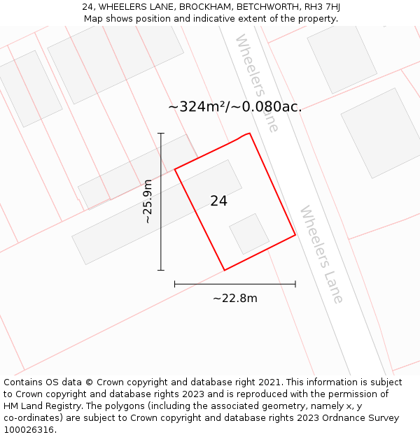 24, WHEELERS LANE, BROCKHAM, BETCHWORTH, RH3 7HJ: Plot and title map