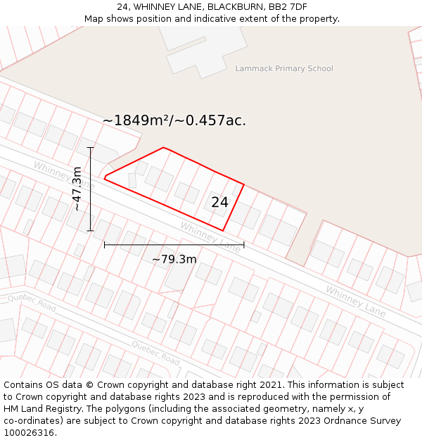 24, WHINNEY LANE, BLACKBURN, BB2 7DF: Plot and title map