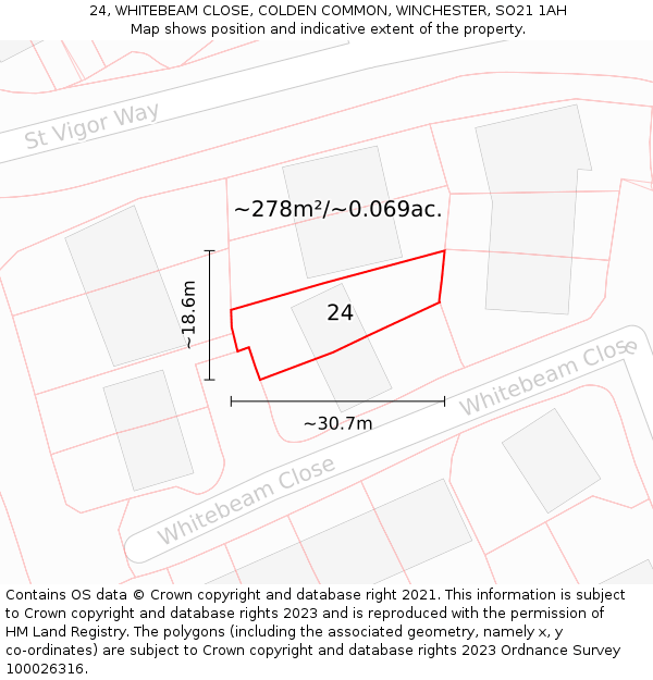 24, WHITEBEAM CLOSE, COLDEN COMMON, WINCHESTER, SO21 1AH: Plot and title map