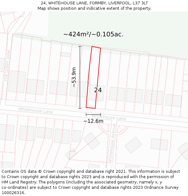 24, WHITEHOUSE LANE, FORMBY, LIVERPOOL, L37 3LT: Plot and title map