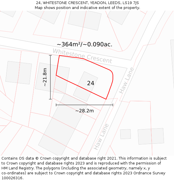24, WHITESTONE CRESCENT, YEADON, LEEDS, LS19 7JS: Plot and title map
