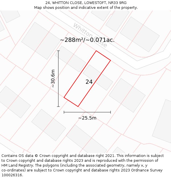 24, WHITTON CLOSE, LOWESTOFT, NR33 9RG: Plot and title map