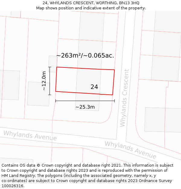 24, WHYLANDS CRESCENT, WORTHING, BN13 3HQ: Plot and title map