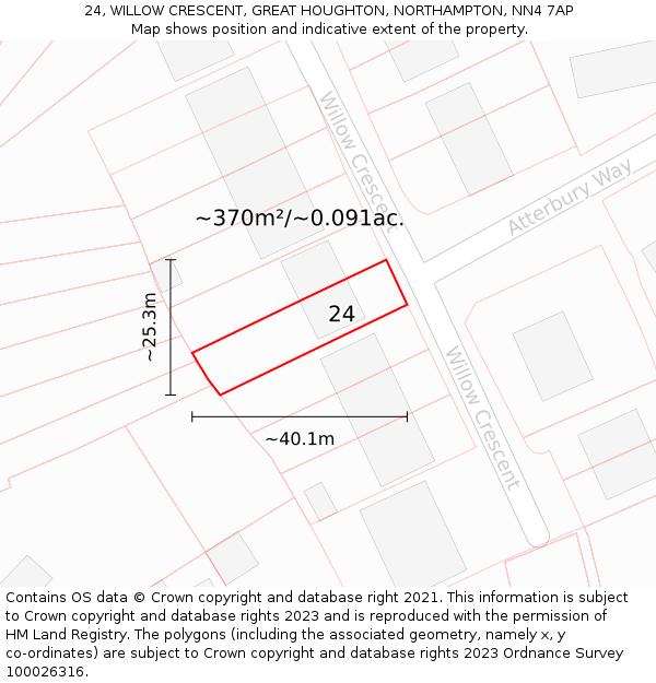 24, WILLOW CRESCENT, GREAT HOUGHTON, NORTHAMPTON, NN4 7AP: Plot and title map