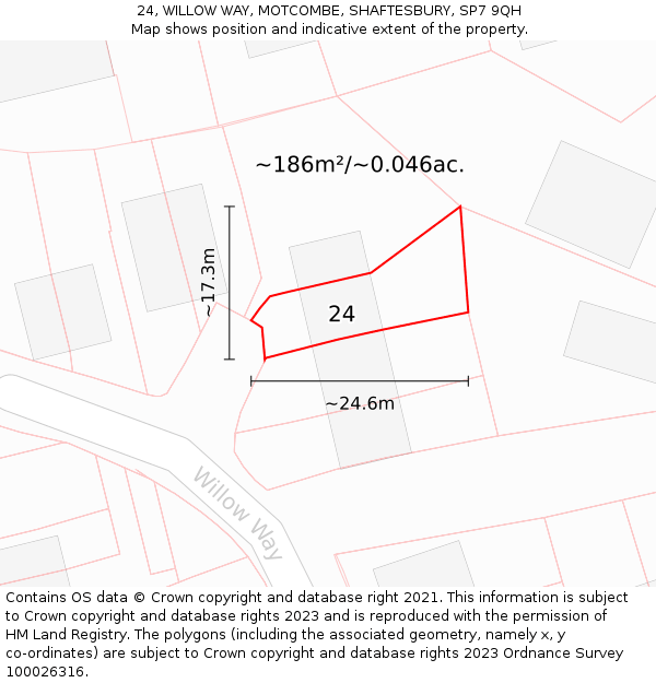 24, WILLOW WAY, MOTCOMBE, SHAFTESBURY, SP7 9QH: Plot and title map