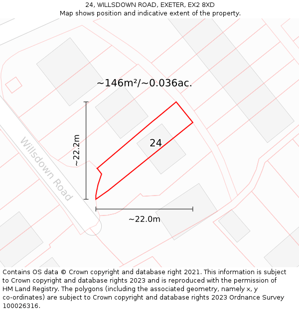 24, WILLSDOWN ROAD, EXETER, EX2 8XD: Plot and title map