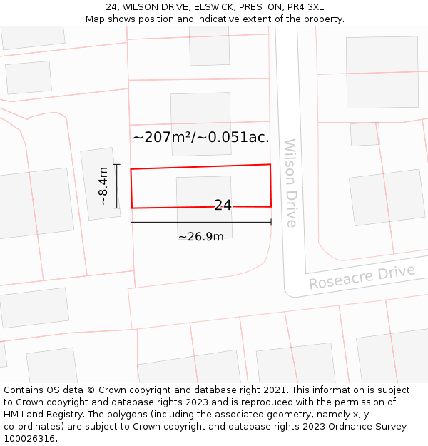 24, WILSON DRIVE, ELSWICK, PRESTON, PR4 3XL: Plot and title map