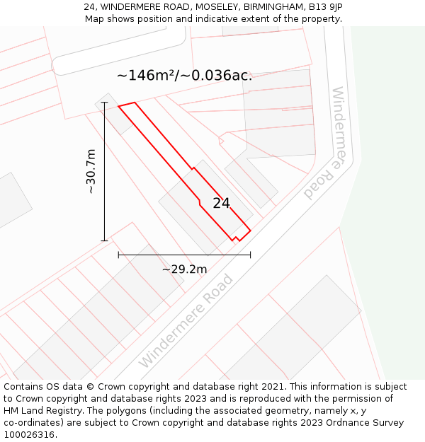 24, WINDERMERE ROAD, MOSELEY, BIRMINGHAM, B13 9JP: Plot and title map