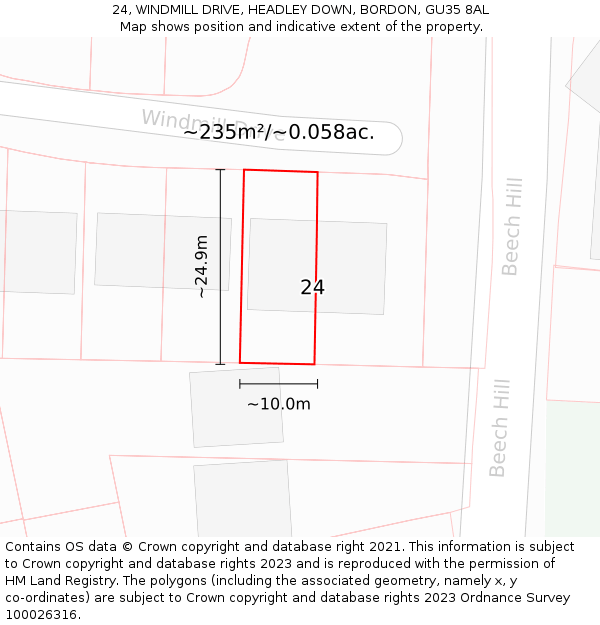 24, WINDMILL DRIVE, HEADLEY DOWN, BORDON, GU35 8AL: Plot and title map
