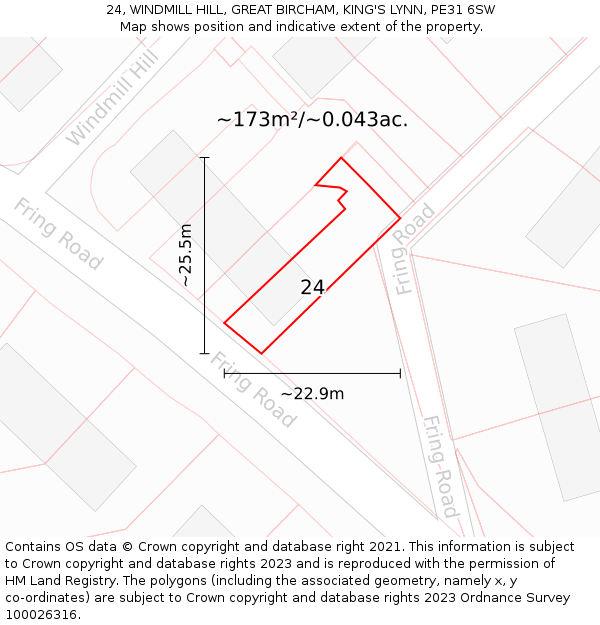 24, WINDMILL HILL, GREAT BIRCHAM, KING'S LYNN, PE31 6SW: Plot and title map