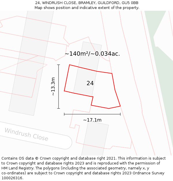 24, WINDRUSH CLOSE, BRAMLEY, GUILDFORD, GU5 0BB: Plot and title map