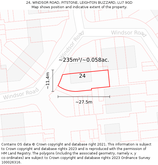 24, WINDSOR ROAD, PITSTONE, LEIGHTON BUZZARD, LU7 9GD: Plot and title map