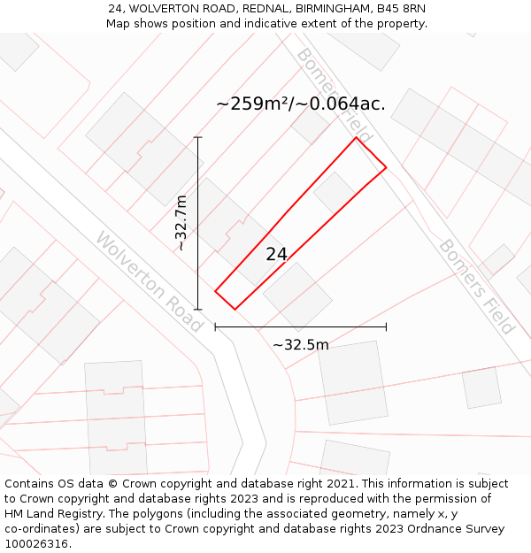 24, WOLVERTON ROAD, REDNAL, BIRMINGHAM, B45 8RN: Plot and title map
