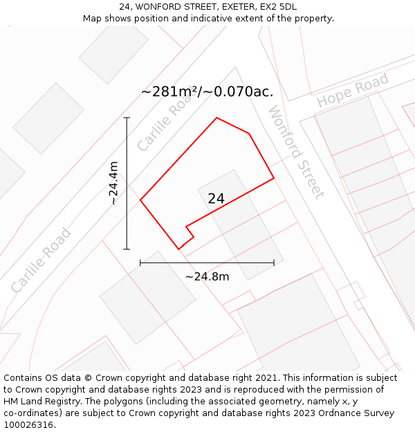 24, WONFORD STREET, EXETER, EX2 5DL: Plot and title map