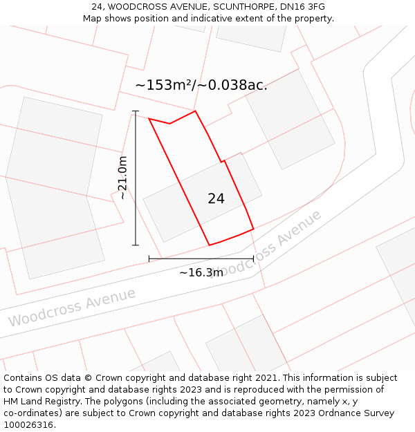 24, WOODCROSS AVENUE, SCUNTHORPE, DN16 3FG: Plot and title map