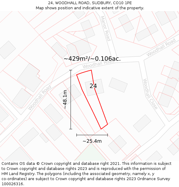24, WOODHALL ROAD, SUDBURY, CO10 1PE: Plot and title map