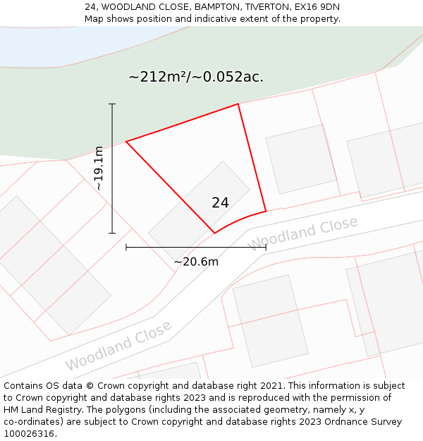 24, WOODLAND CLOSE, BAMPTON, TIVERTON, EX16 9DN: Plot and title map