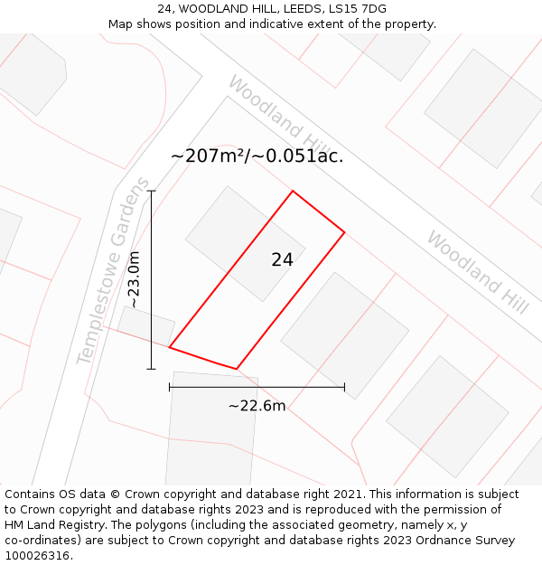 24, WOODLAND HILL, LEEDS, LS15 7DG: Plot and title map