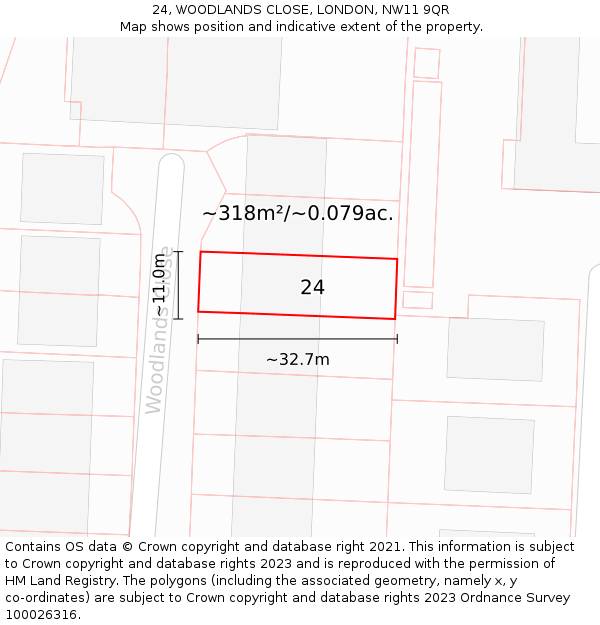 24, WOODLANDS CLOSE, LONDON, NW11 9QR: Plot and title map