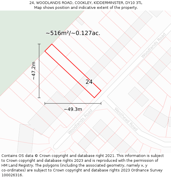 24, WOODLANDS ROAD, COOKLEY, KIDDERMINSTER, DY10 3TL: Plot and title map