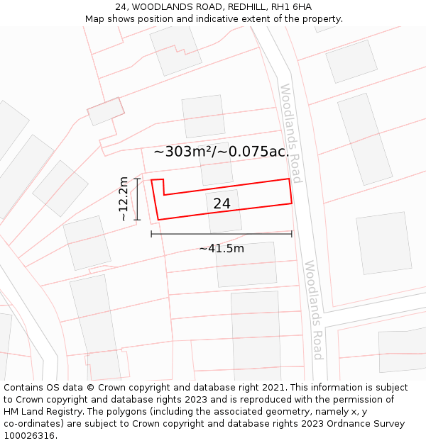 24, WOODLANDS ROAD, REDHILL, RH1 6HA: Plot and title map