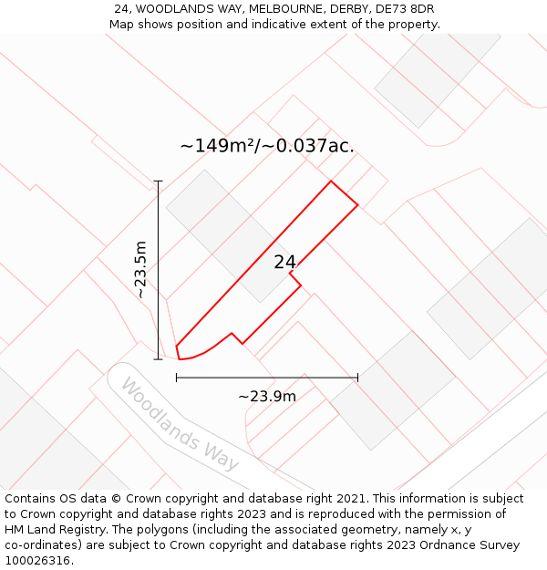 24, WOODLANDS WAY, MELBOURNE, DERBY, DE73 8DR: Plot and title map