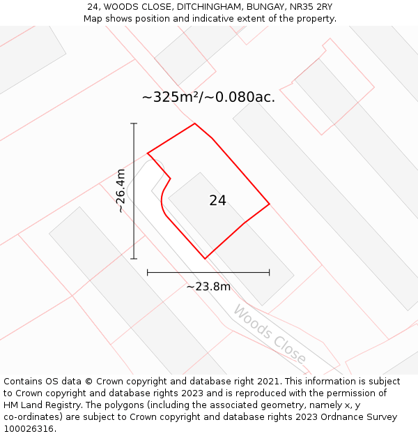 24, WOODS CLOSE, DITCHINGHAM, BUNGAY, NR35 2RY: Plot and title map