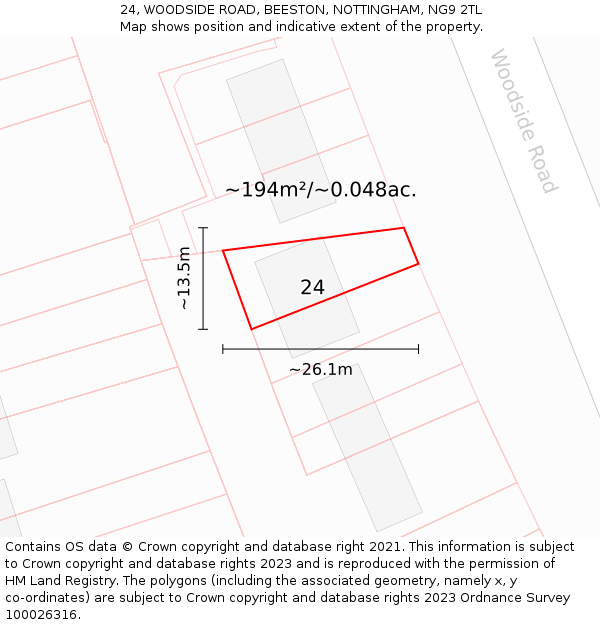 24, WOODSIDE ROAD, BEESTON, NOTTINGHAM, NG9 2TL: Plot and title map