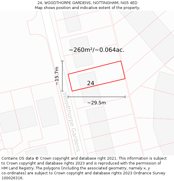 24, WOODTHORPE GARDENS, NOTTINGHAM, NG5 4ED: Plot and title map